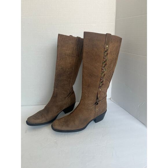 CLARKS Artisan Brown Suede Leather Knee High PullOn Block Heel Comfort Boots 7.5 - Picture 1 of 15